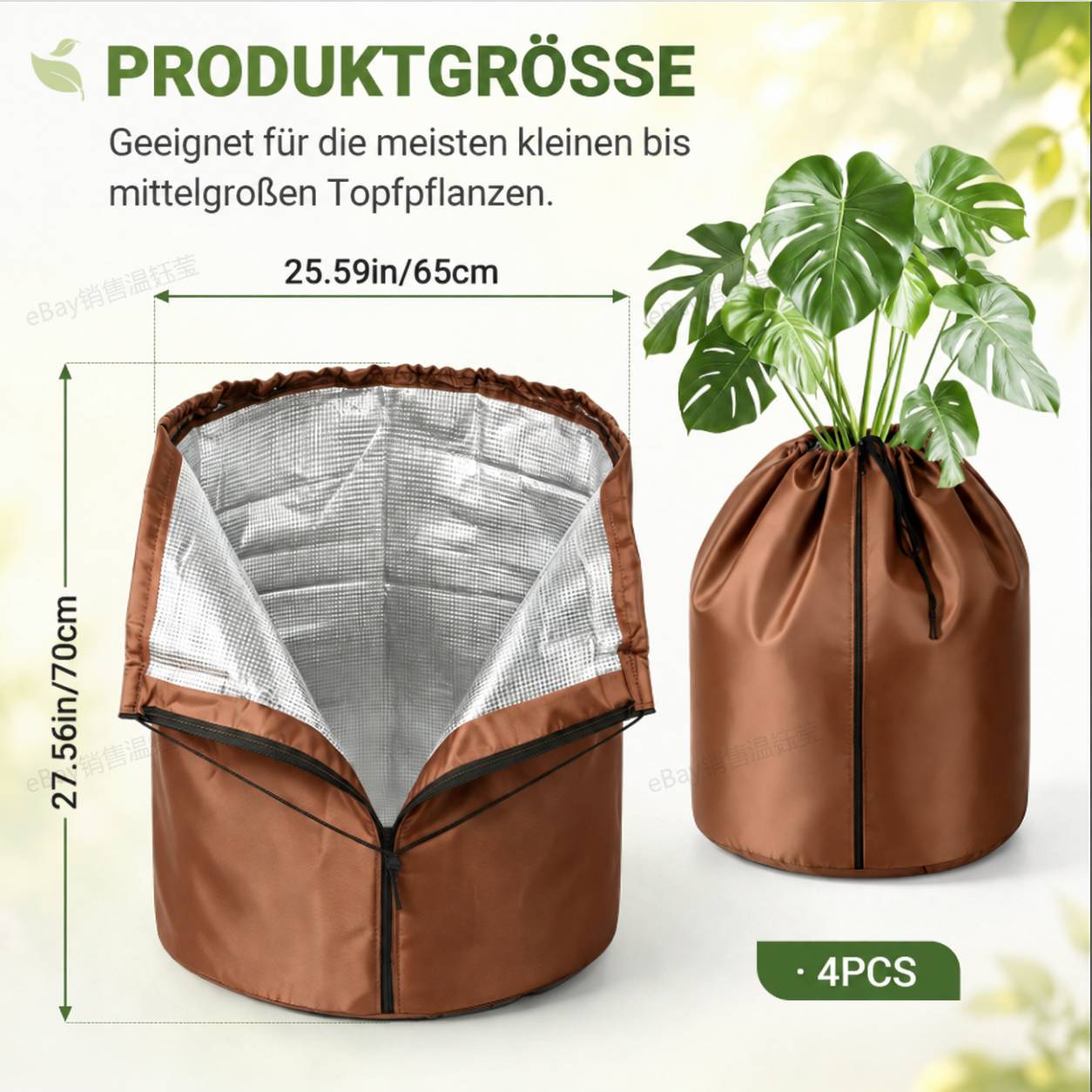 Größendiagramm für einen Blumentopfüberzug: 25,59 Zoll/65 cm breit und 27,56 Zoll/70 cm hoch, dargestellt mit einer Topfpflanze und einem Etikett „4 Stück".
