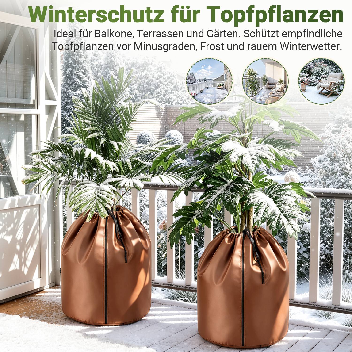 Anzeige für 'Winterschutz für Topfpflanzen': Zwei Topfpflanzen in kupferfarbenen Frostschutzhüllen auf einem verschneiten Balkon, zum Schutz vor Kälte und Winterwetter.