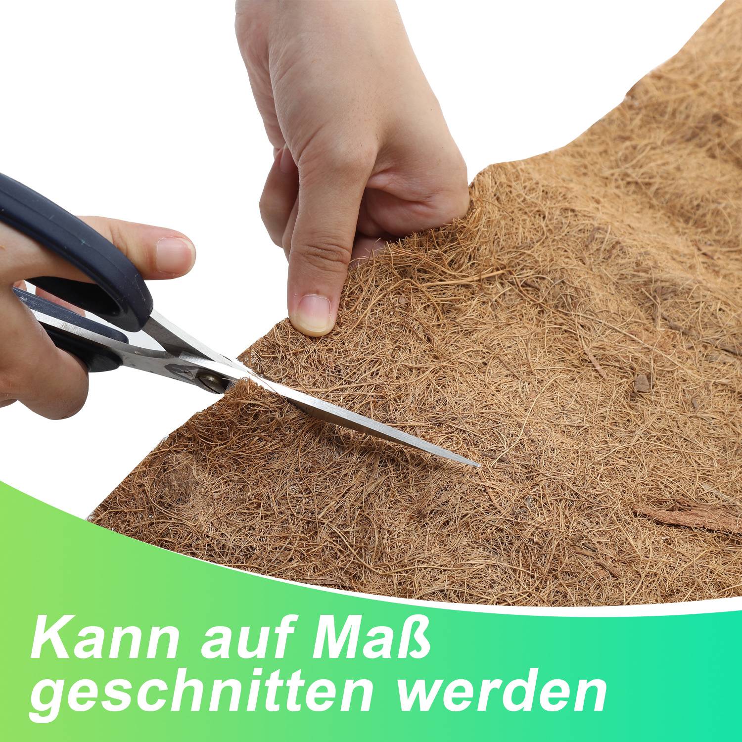 Hände schneiden eine braune Matte mit einer Schere zu; deutscher Text sagt „Kann auf Maß geschnitten werden" („Kann auf Maß geschnitten werden"").