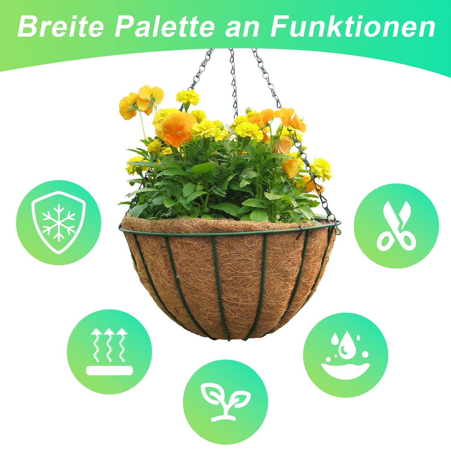 Hängender Blumenkorb mit gelben Blüten und grünem Laub, umgeben von Symbolen für Frostschutz, Schnitt, Bewässerung und Wachstum; Text lautet „Breite Palette an Funktionen".