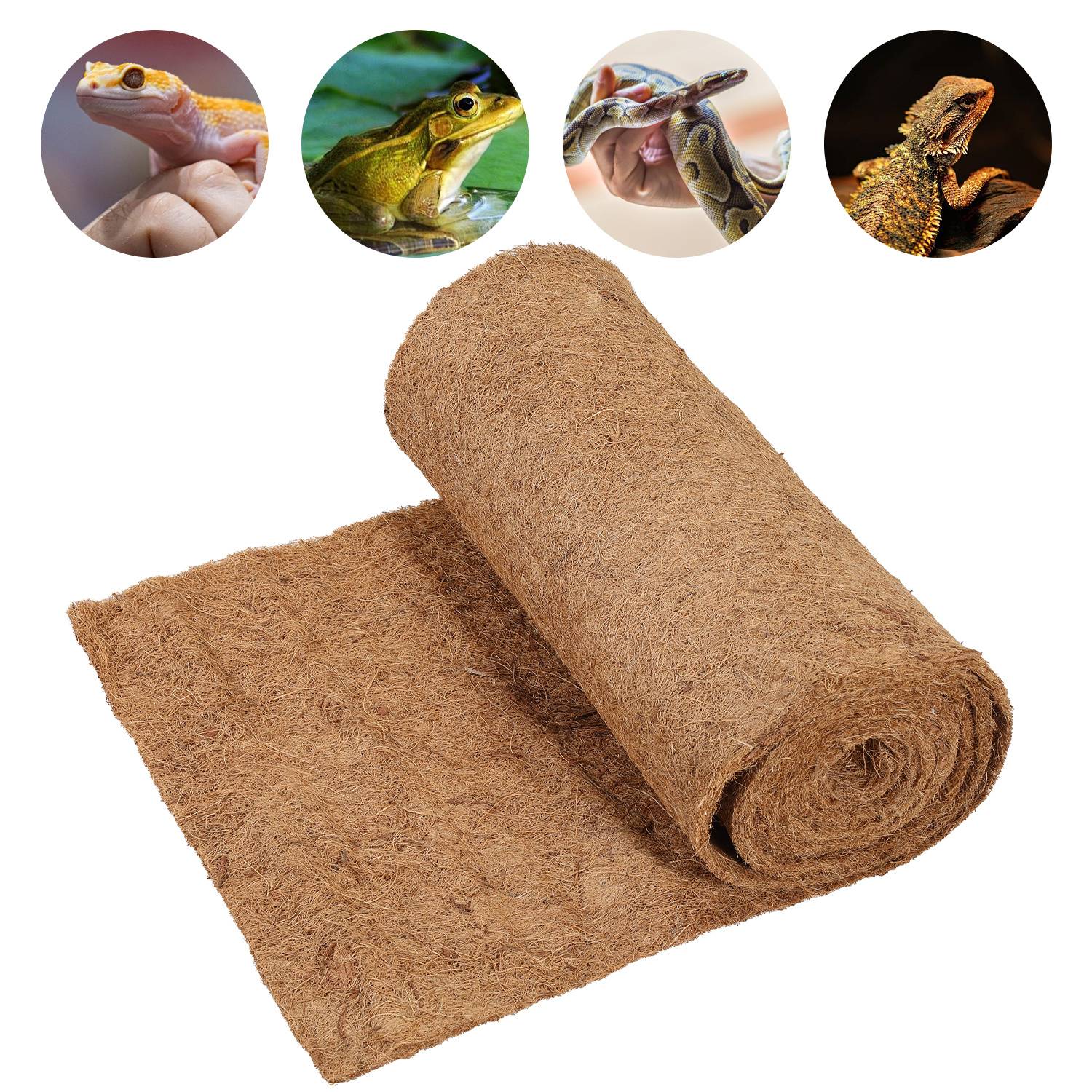Gerollte braune Fasern-Reptilienmatte, abgebildet zur Verwendung in Terrarien mit kleinen Echsen und Fröschen.