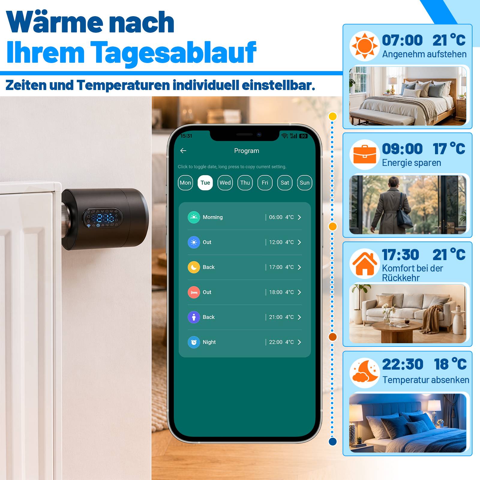 Heizkörperthermostate 4er Set, WLAN Smart Thermostat Schwarz, App-Steuerung ohne Gateway, 7 Adapter je Thermostat