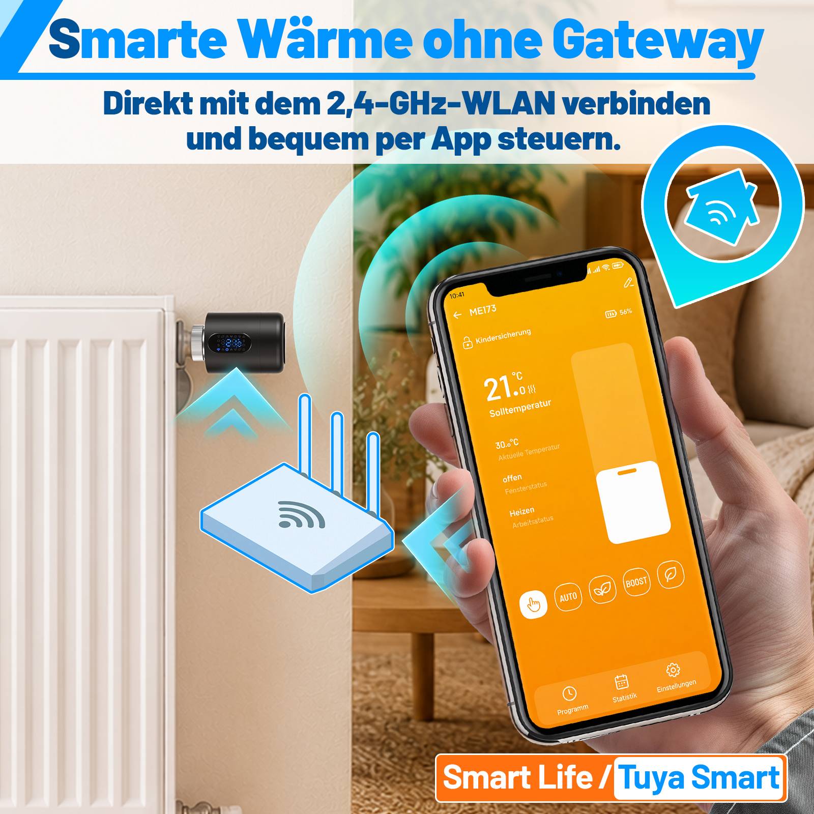 Heizkörperthermostate 4er Set, WLAN Smart Thermostat Schwarz, App-Steuerung ohne Gateway, 7 Adapter je Thermostat