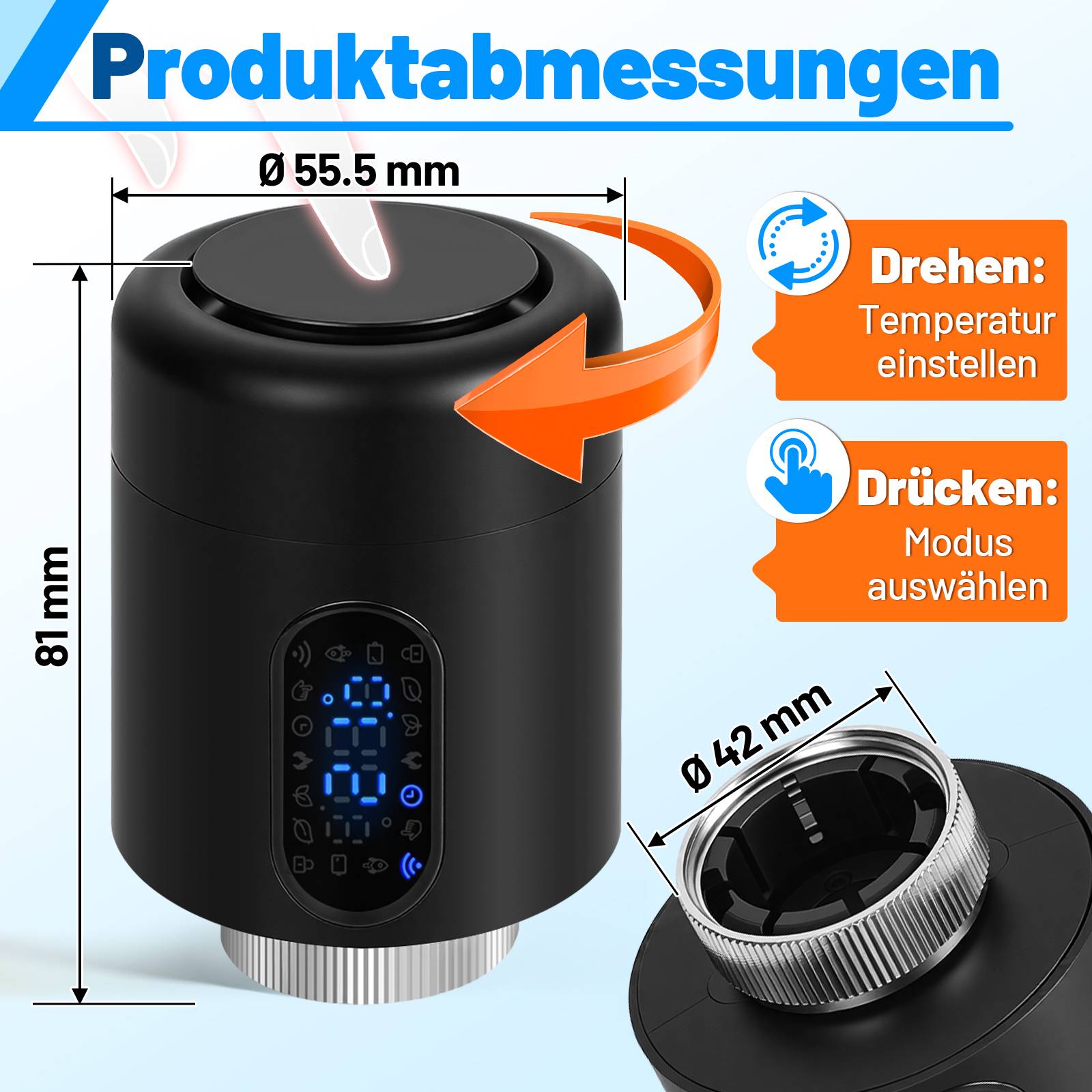 Produktabmessungsdiagramm eines schwarzen zylindrischen Geräts: 81 mm hoch, 55,5 mm breit, mit einer 42 mm großen Öffnung; drehen zum Einstellen der Temperatur und drücken zum Auswählen des Modus.