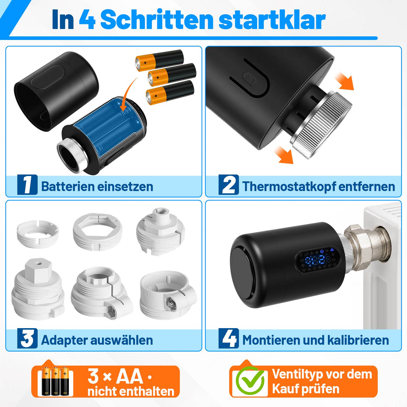 Anleitungsgrafik mit 4 schnellen Einrichtungsschritten für ein intelligentes Heizkörperthermostat: Batterien einlegen, Thermostat-Kopf entfernen, Adapter wählen, dann montieren und kalibrieren; Hinweis „3 x AA nicht enthalten" und „Ventiltyp vor dem Kauf prüfen"".