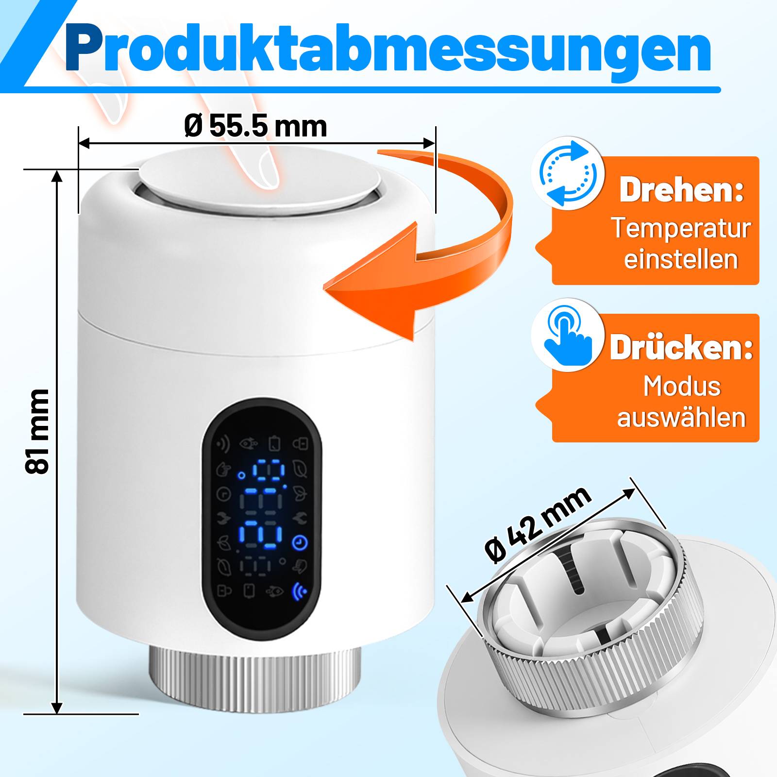 Deutsches Produktmessungsgrafikbild eines zylindrischen Geräts mit einer Höhe von 81 mm und einem oberen Durchmesser von 55,5 mm, mit einem Steuerring-Durchmesser von 42 mm und Anweisungen zum Drehen, um die Temperatur einzustellen, und zum Drücken, um den Modus auszuwählen.