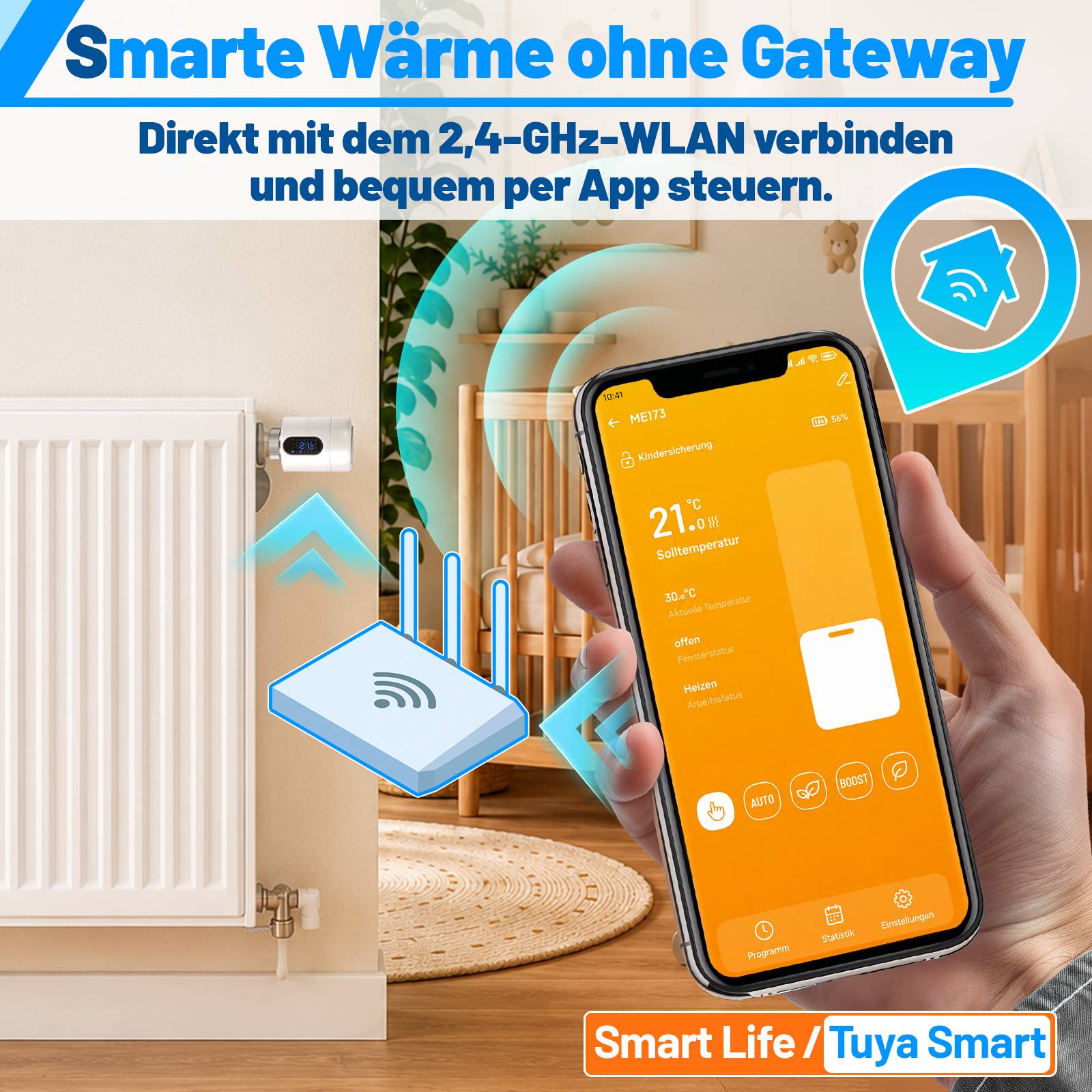 Werbebild eines intelligenten Heizkörperthermostats, das eine Telefon-App zeigt, die die Heizung direkt über 2,4-GHz-Wi-Fi ohne Gateway steuert.