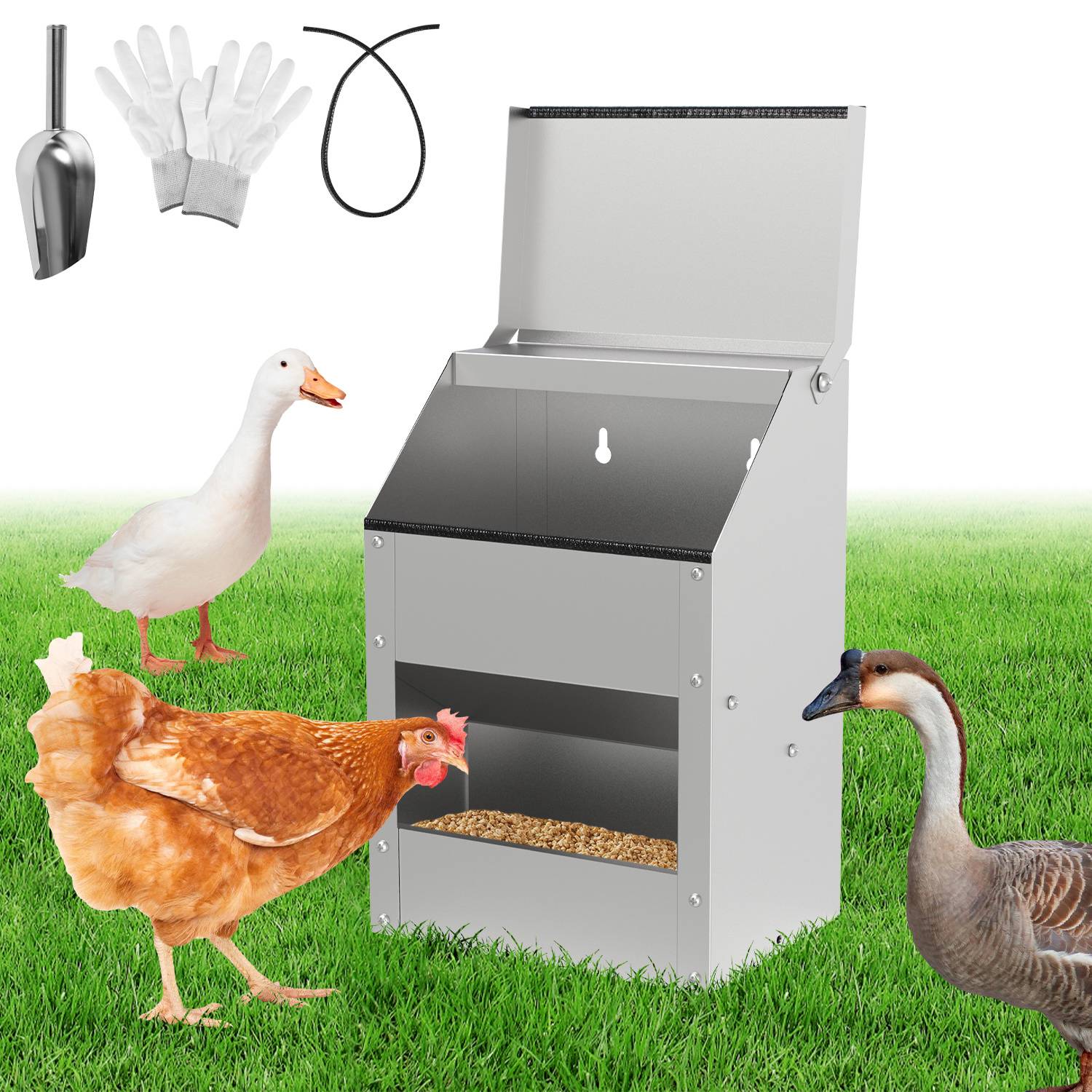 Automatischer Metallgeflügelzufutzapparat auf Gras, mit Ente, Huhn und Gans beim Fressen; Schaufel, Handschuhe und Schnur oben als mitgeliefertes Zubehör dargestellt.