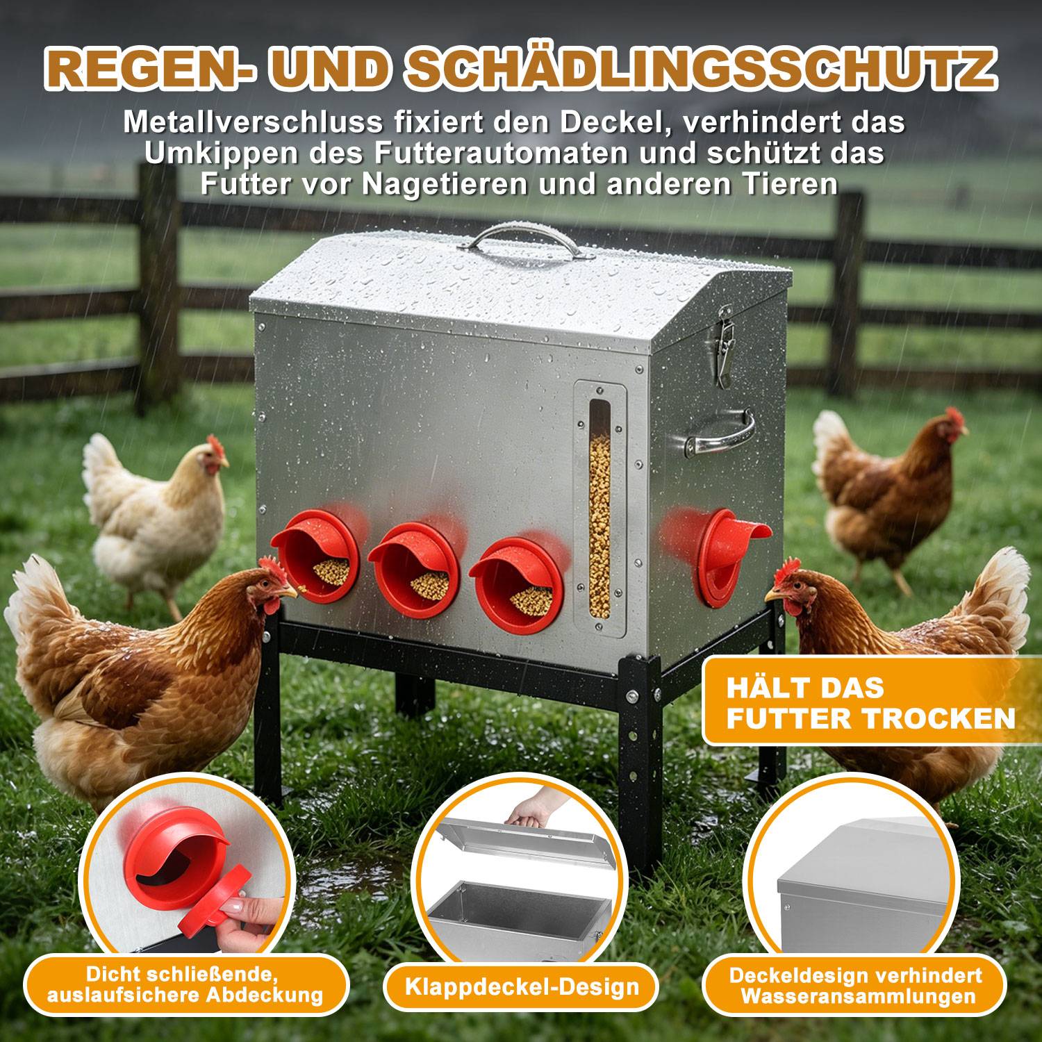 Großer Geflügel Futterspender 22,6 kg / 50 lb, 8 Fressöffnungen, Metall-Hühnerfutterautomat mit Sichtfenster, Deckelverschluss, Tragegriff, 3 Höh
