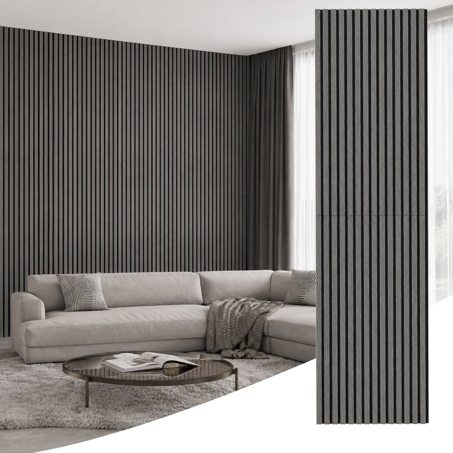 Modernes Wohnzimmer mit grauem Ecksofa, rundem Couchtisch und gestreiftem Akustikwand- und Paneldesign.
