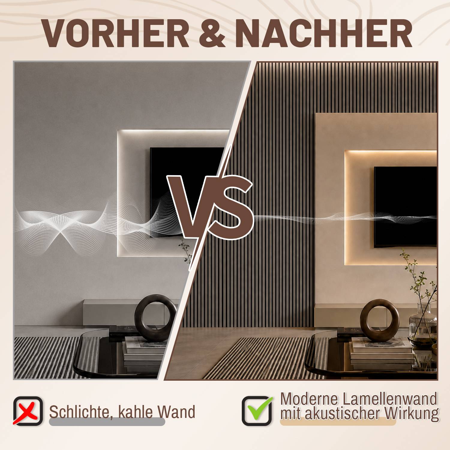 Vorher-und-Nachher-Vergleich einer Wandrenovierung: einfache graue Wand links, moderne Lamellenwand mit akustischer Verkleidung und rahmengesäumter Nische rechts, beschriftet mit "VS"".