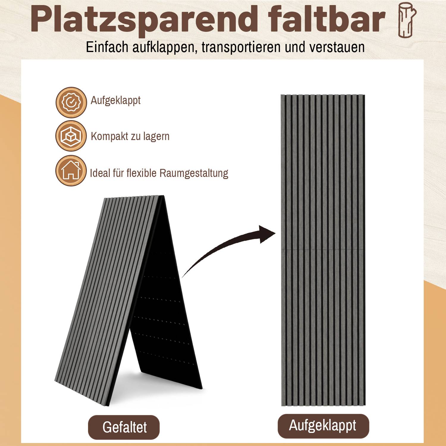 Werbegrafik eines platzsparenden Faltraumteilers, die ihn zusammengeklappt zur Lagerung und aufgeklappt zeigt, mit dem Text "Platzsparend faltbar"" und ""Einfach aufklappen, transportieren und verstauen"".