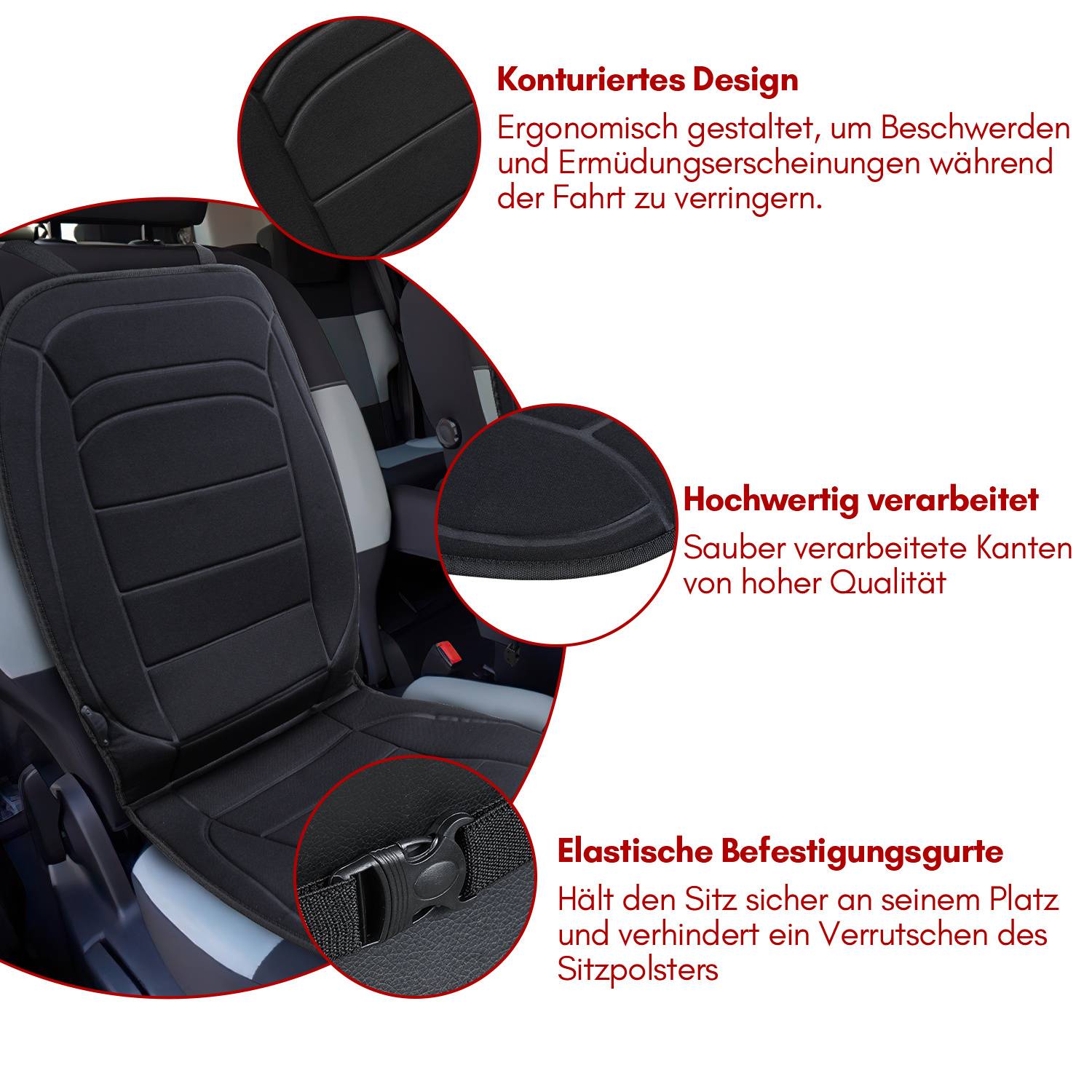 Illustrierter Autositzbezug mit Beschriftungen, die ergonomisches Konturdesign, hochwertige Nähte und elastische Befestigungsgurte für sichere Passform hervorheben.