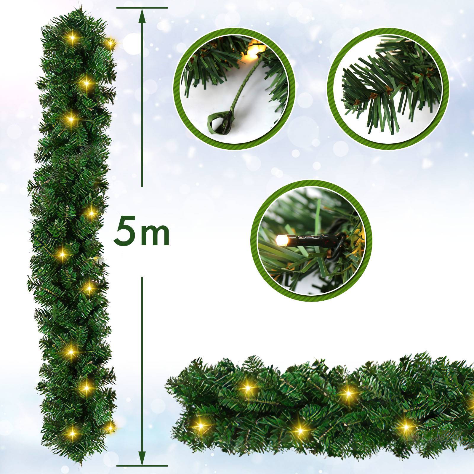 5 m künstliche Kieferngirlande mit warmweißen Lichtern, vertikal und horizontal dargestellt mit Nahaufnahmen von Ästen und Lichtclips.