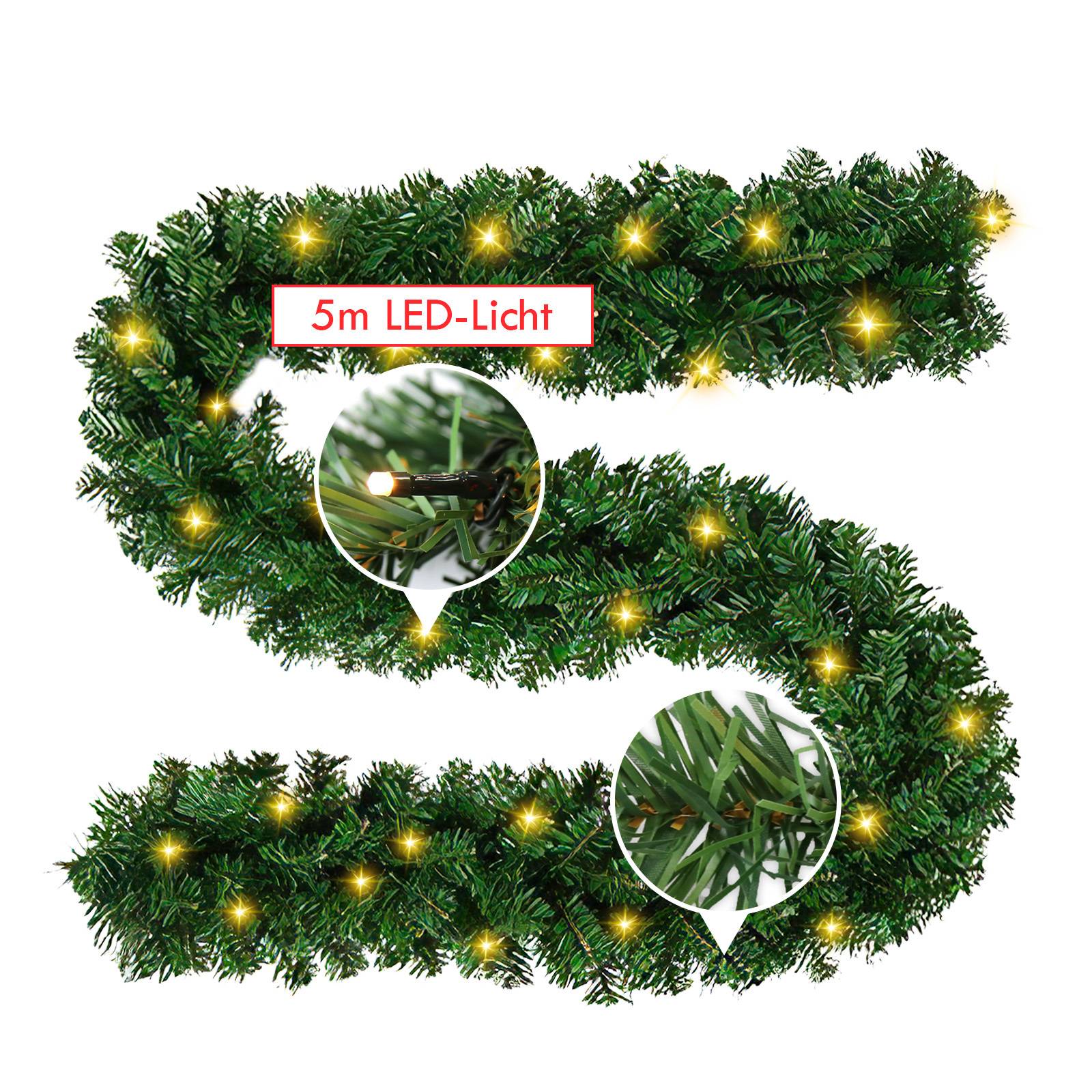 Künstliche Kiefergirlande mit warmen LED-Lichtern, gekennzeichnet mit „5m LED-Licht", dargestellt aufgewickelt mit Nahaufnahmen der Lichter und des Laubs.