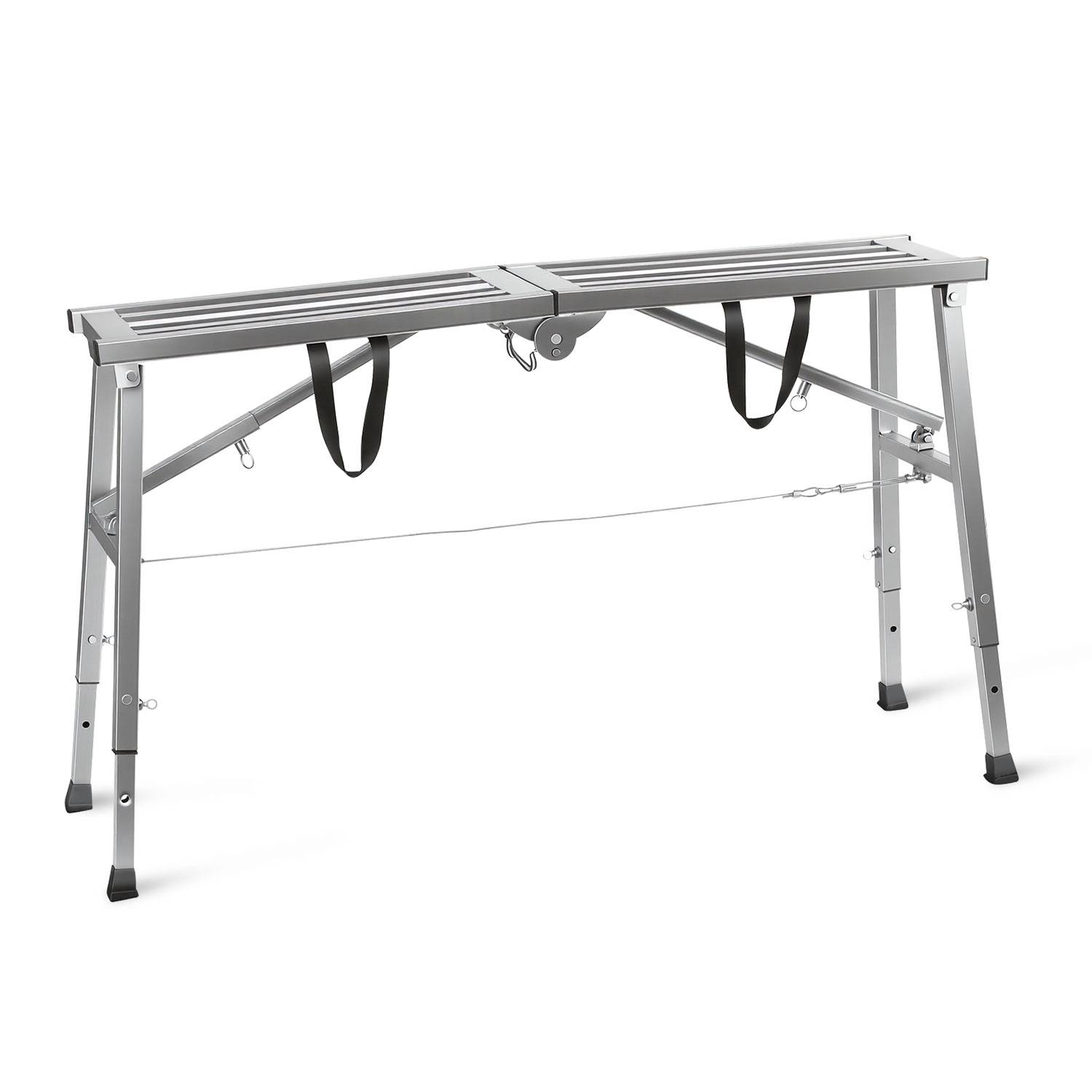 Tragbare Aluminium-Werkbank mit Klappbeinen und verstellbaren Stützriemen, dargestellt auf weißem Hintergrund.