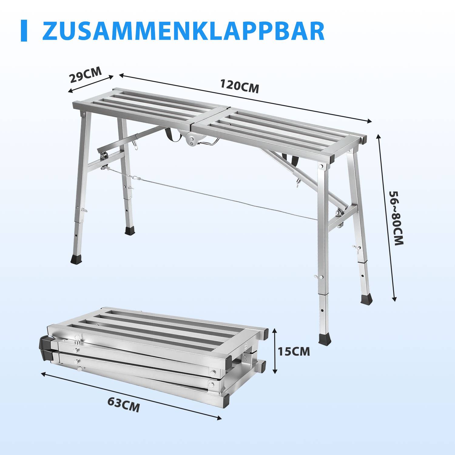 Klappbare Arbeitsplattform 120x29 cm 3-fach höhenverstellbar verzinkter Stahl 150 kg