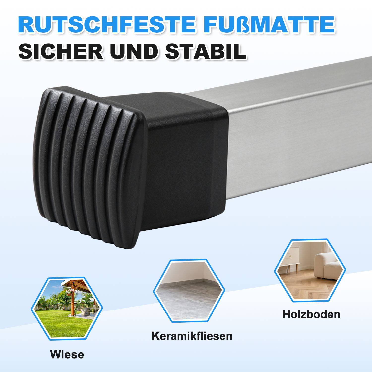 Gerippte Gummifußmatte auf einem Metallfuß eines Möbels, mit der Bezeichnung „RUTSCHFESTE FUßMATTE SICHER UND STABIL", mit Anwendungsbeispielen auf Gras-, Fliesen- und Holzböden.