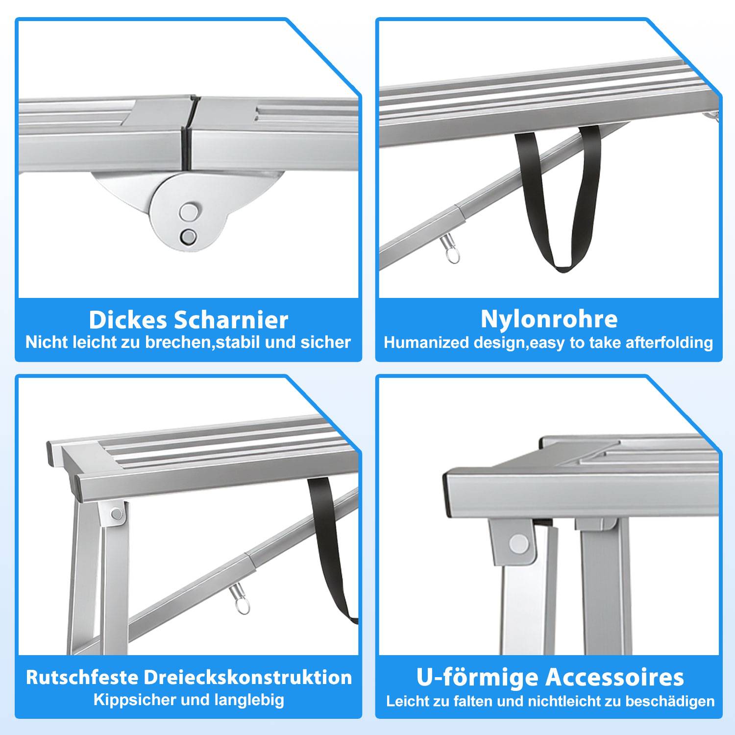 Vier-teilige Produktgrafik eines klappbaren Aluminiumtisches mit robustem Scharnier, Nylonriemen, rutschfestem dreieckigem Stützfuß und U-förmigen Zubehörteilen für einfaches Falten und Langlebigkeit.