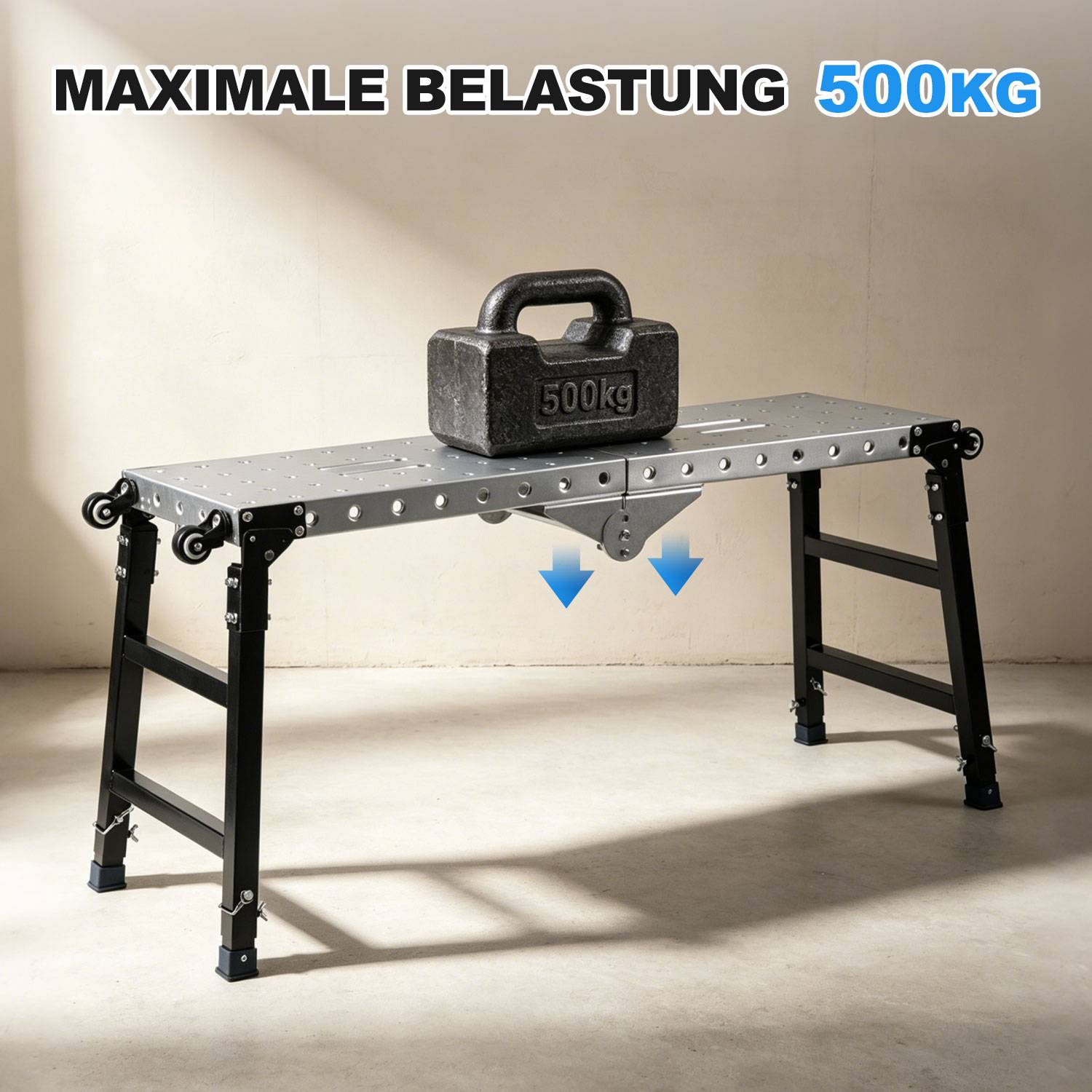 Gewichtstragenkapazität-Grafik mit einer Metallwerkbank mit einem 500-kg-Gewichtsblock und dem Text „MAXIMALE BELASTUNG 500KG", das die maximale Last angibt.