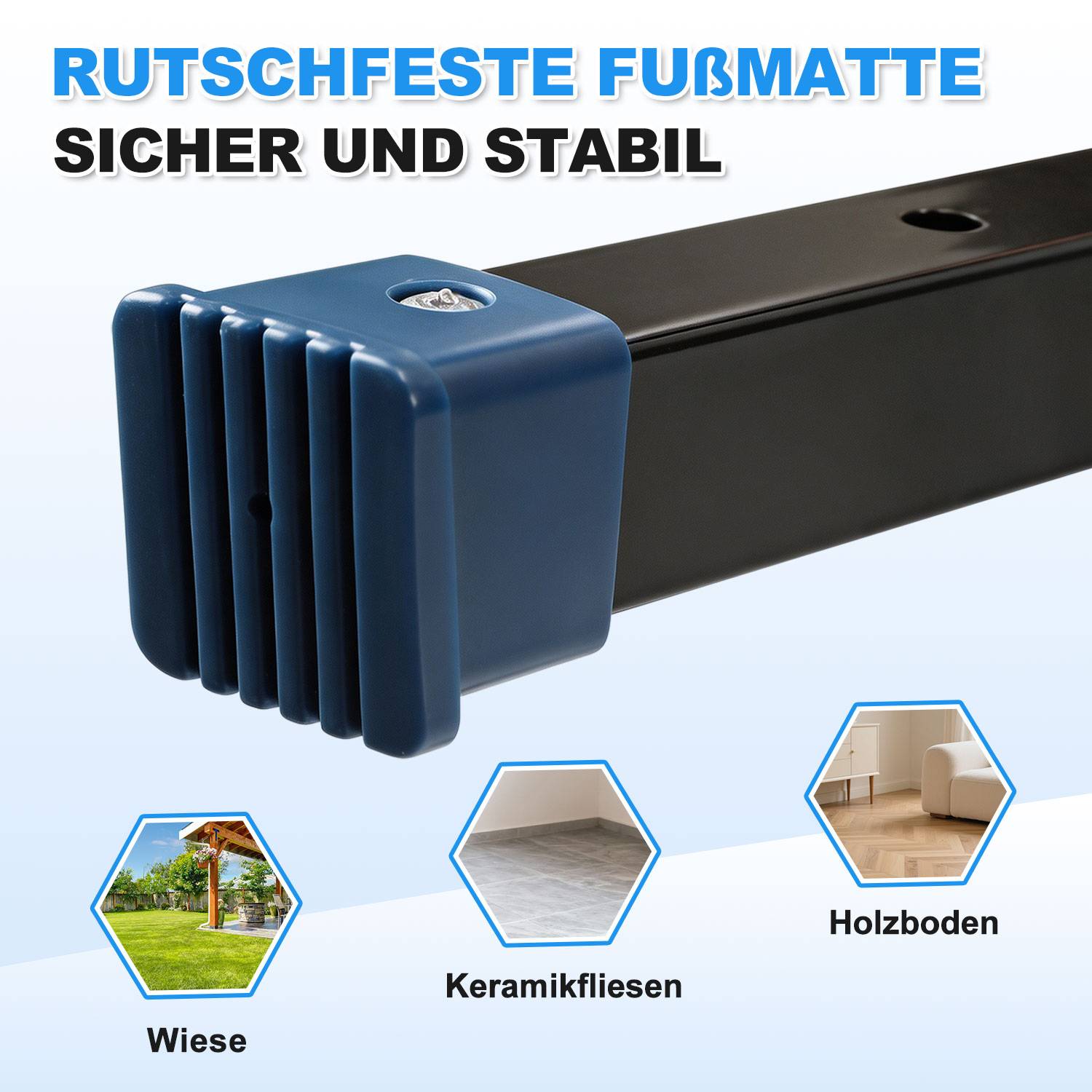 Produktanzeige für eine blaue Schutzfußmatte auf einem schwarzen Metallbein, gekennzeichnet mit „RUTSCHFESTE FUSSMATTE SICHER UND STABIL", geeignet für Rasen, Keramikfliesen und Holzböden.