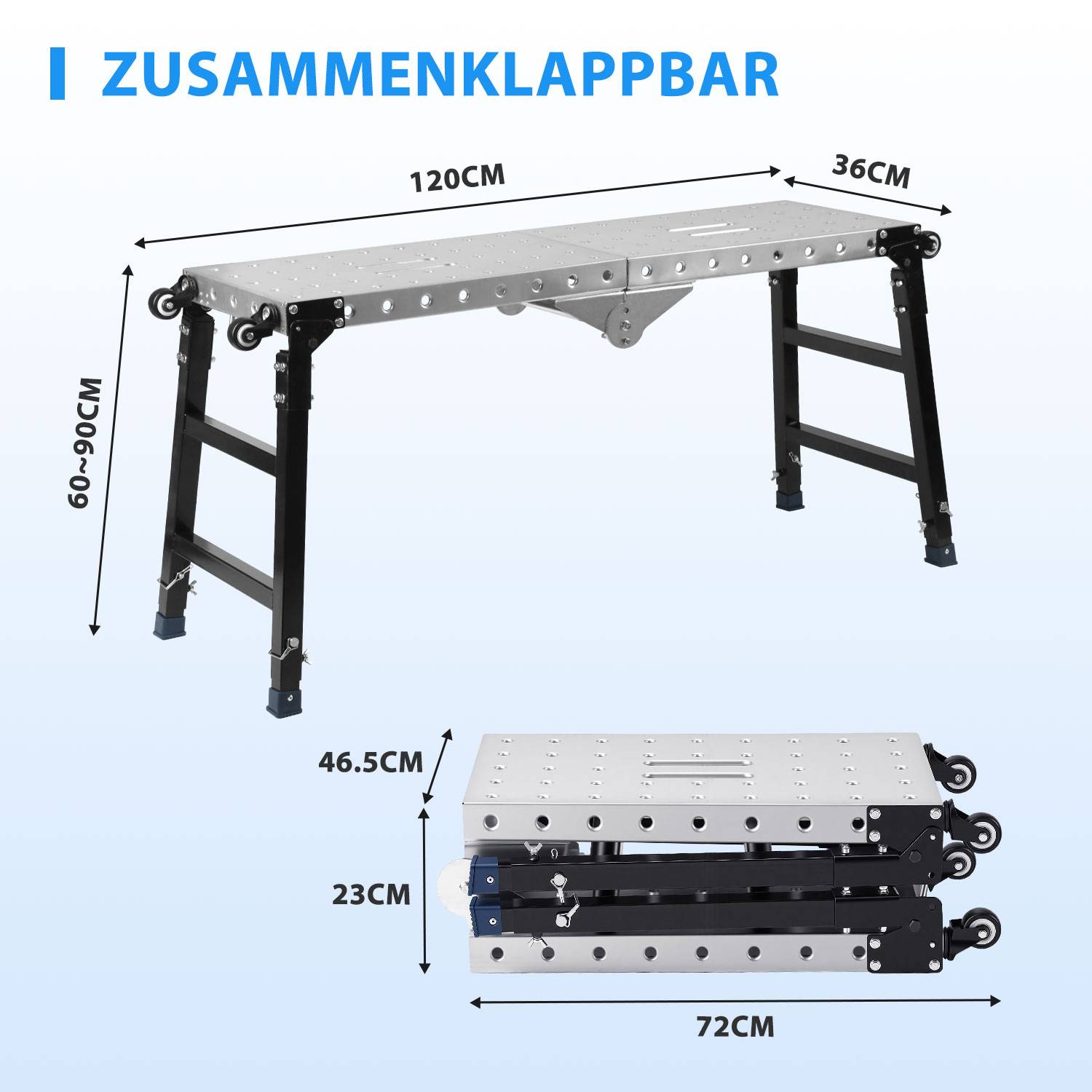 Klappwerkbank in aufgeklappter und zusammengeklappter Form dargestellt, mit den Abmessungen 120 cm mal 36 cm und Höhe 60-90 cm gekennzeichnet; zusammengeklappte Größe 72 cm mal 46,5 cm mal 23 cm.