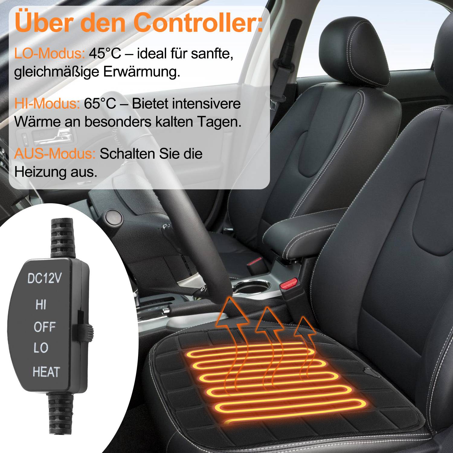 Autositzheizer mit Regler eingestellt auf DC12V, zeigt HI-, OFF- und LO-Modi und Wärmepfeile, die den Sitz in einem Autoinnenraum wärmen.