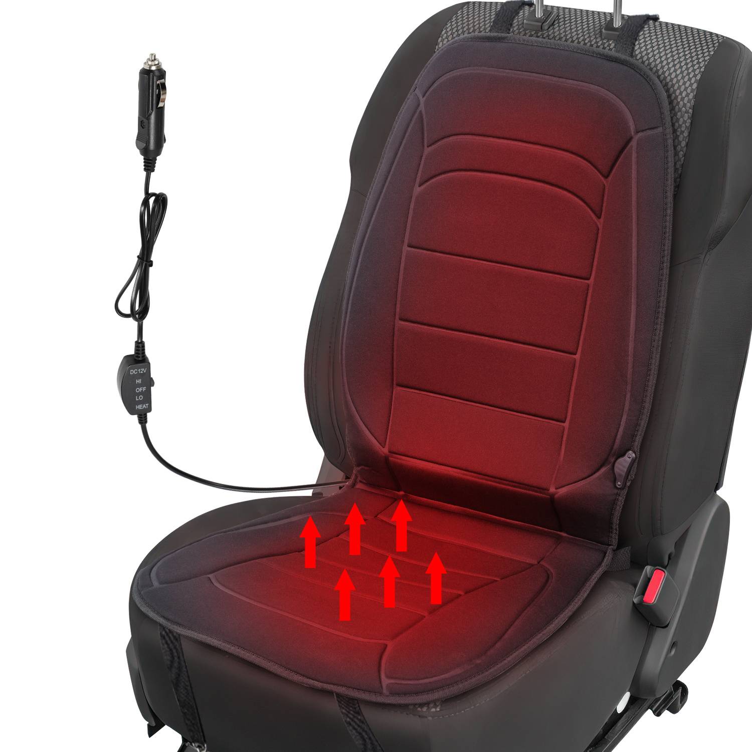 Beheizte Autositzkissen mit USB-Stromkabel und Steuerung, dargestellt auf einem schwarzen Sitz mit roten Pfeilen, die Wärmestrahlung von dem unteren Kissen und der Rückenlehne anzeigen.