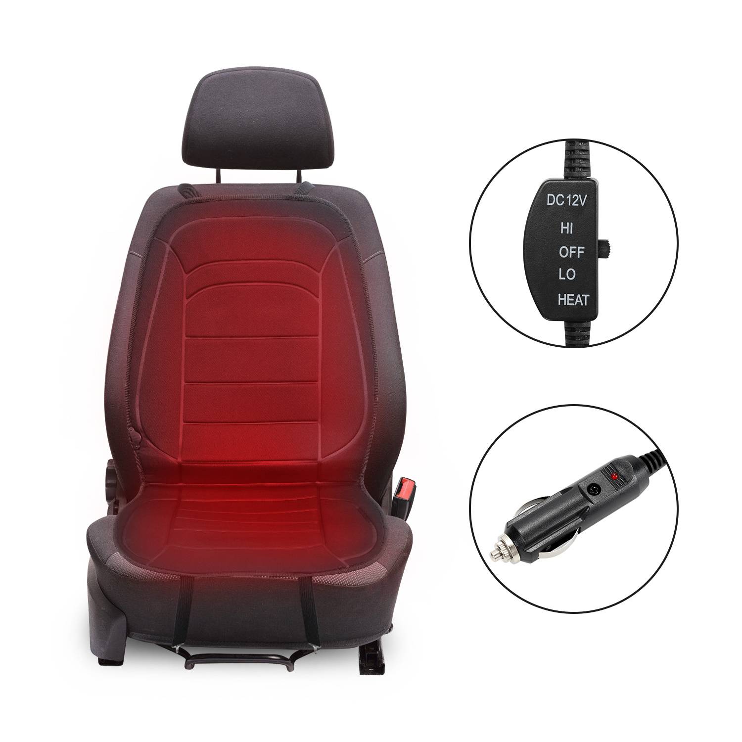 Beheizte Autositzauflage auf einem Vordersitz mit verstellbarem DC12V-Regler mit den Einstellungen HI, OFF, LO, HEAT und einem Zigarettenanzünder-Stecker.