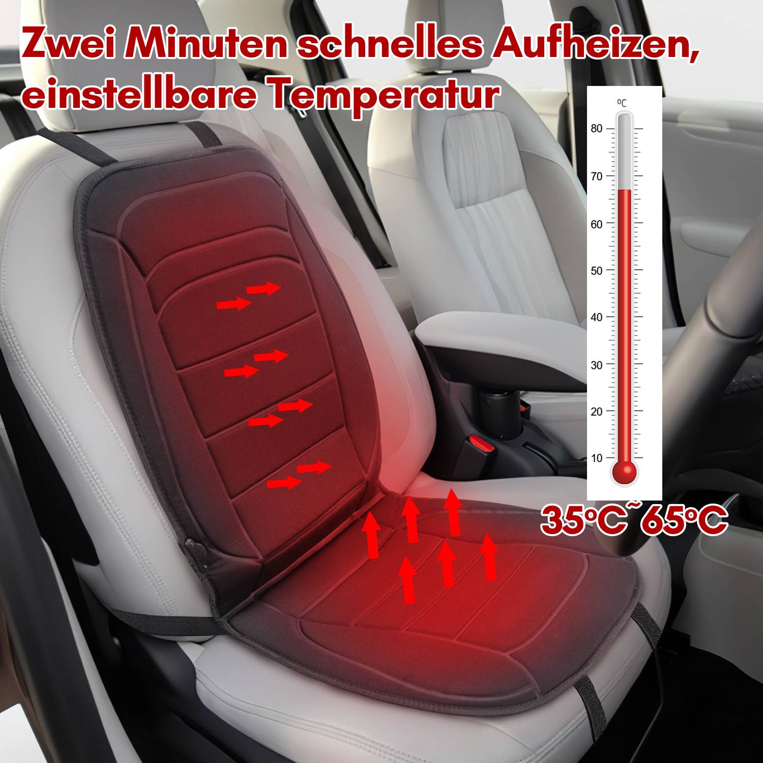 Illustration einer beheizten Autositzes mit einem Sitzkissen und einer Rückenlehne, die in Rot wärmen, mit deutschem Text „Zwei Minuten schnelles Aufheizen, einstellbare Temperatur" und einer Temperaturskala von 35°C–65°C.