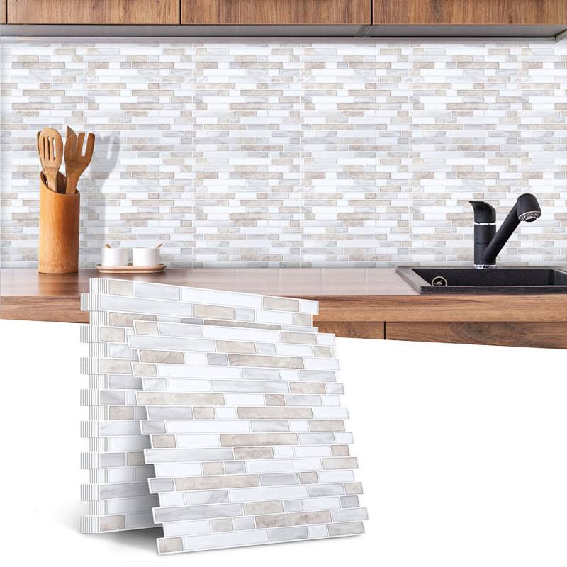 Küchenrückwand und passende Peel-and-Stick-Fliesenmuster, die unter einer modernen Arbeitsplatte und einem Spülbecken angezeigt werden und ein weißes Mosaikdesign zeigen.