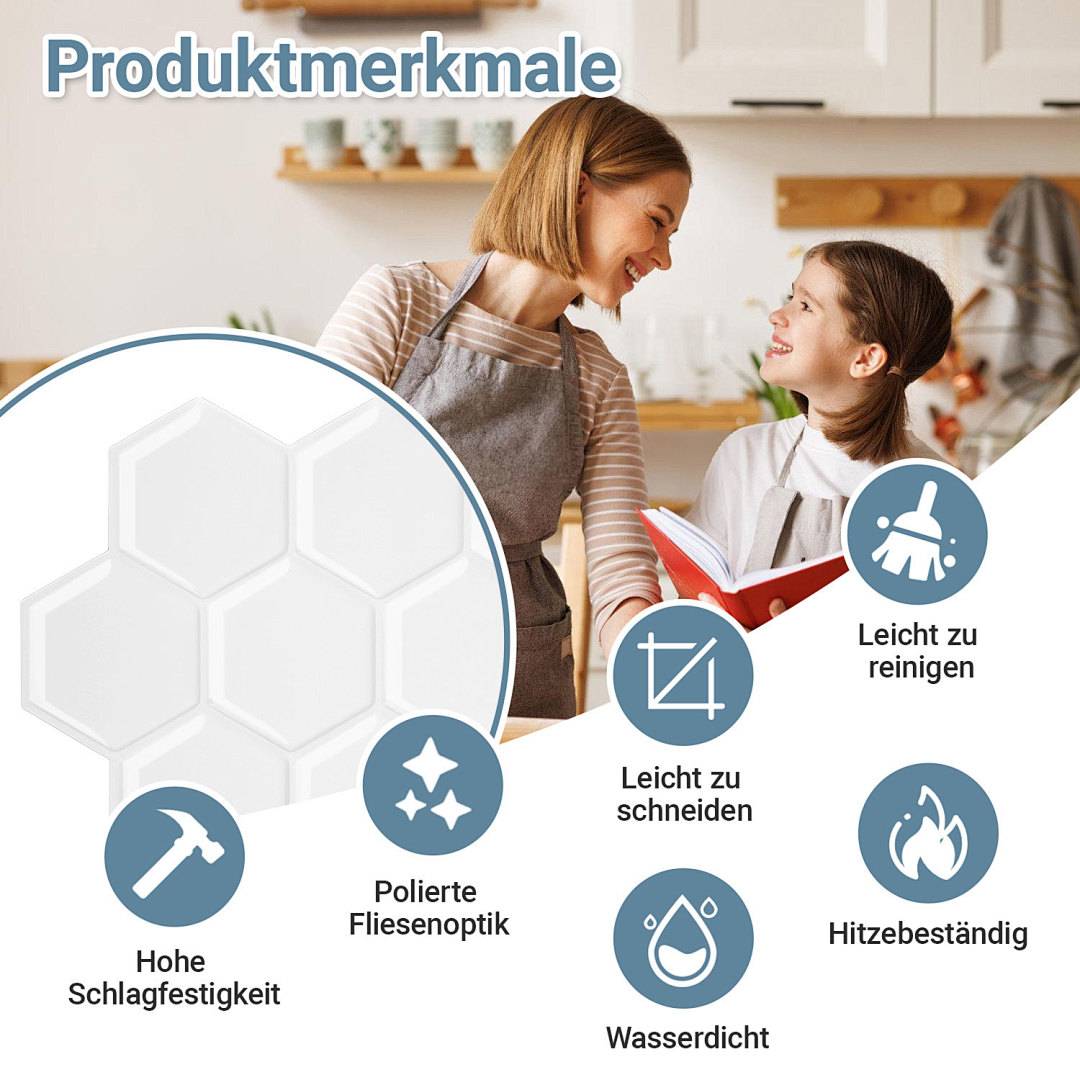 Illustriertes Produktmerkmal-Poster, das eine lächelnde Frau und ein Kind in einer Küche zeigt, mit Symbolen für hohe Schlagfestigkeit, polierten Fliesenlook, einfaches Schneiden, wasserdicht, hitzebeständig und einfache Reinigung.