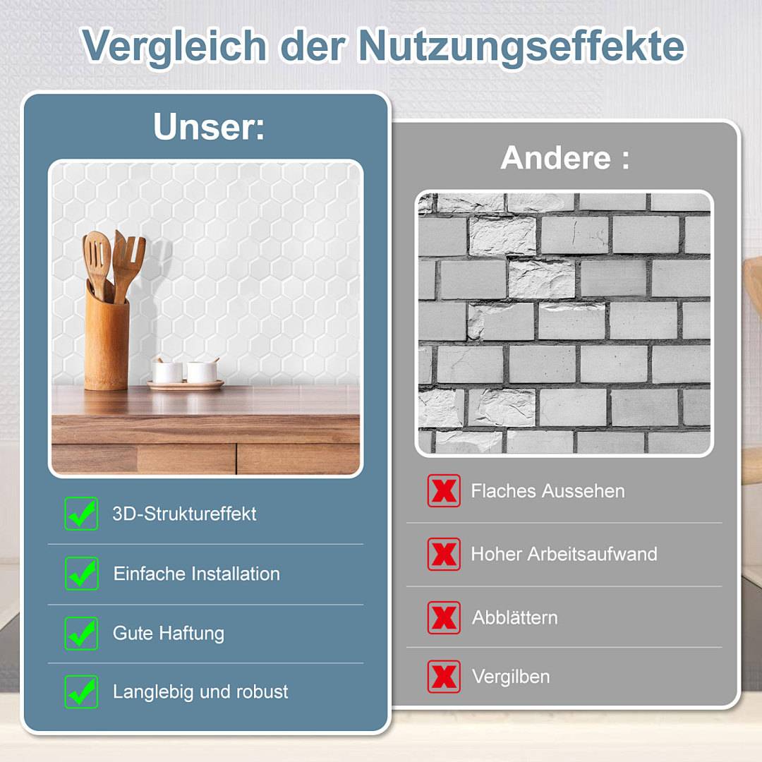 Weiße sechseckige selbstklebende Fliesen – 10er-Set selbstklebende Wandfliesen für Küche und Bad