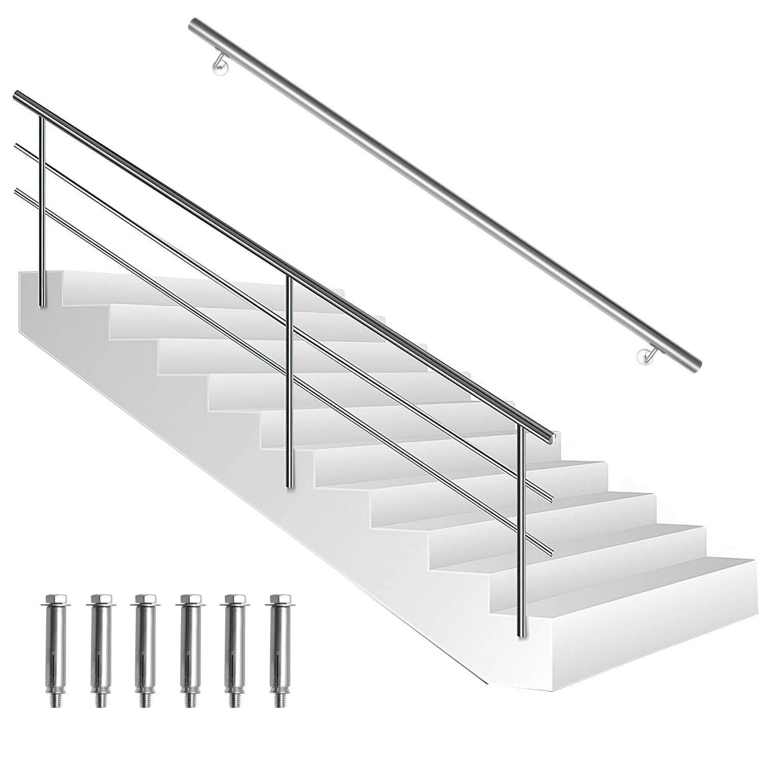 Abbildung eines Treppengeländer-Sets mit Metallhandläufen, vertikalen Pfosten, Wandhaltern und sechs Befestigungsankern, die unter den Treppen angezeigt werden.