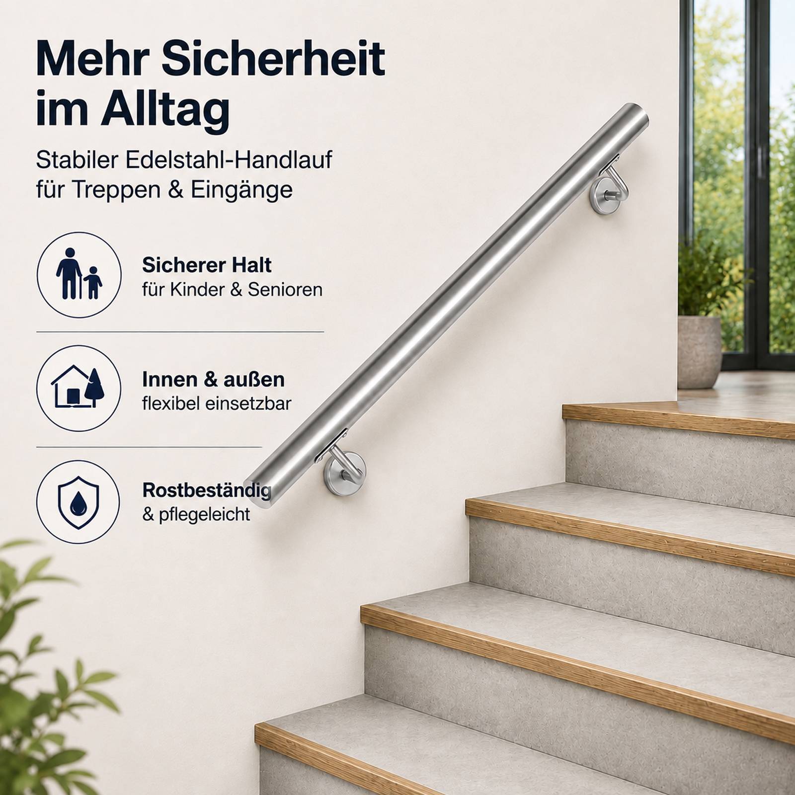 Edelstahl Handlauf 80 cm Ø42 mm aus 304 Edelstahl, Wandhandlauf Treppengeländer gebürstet, für Treppe Balkon Innen Außen