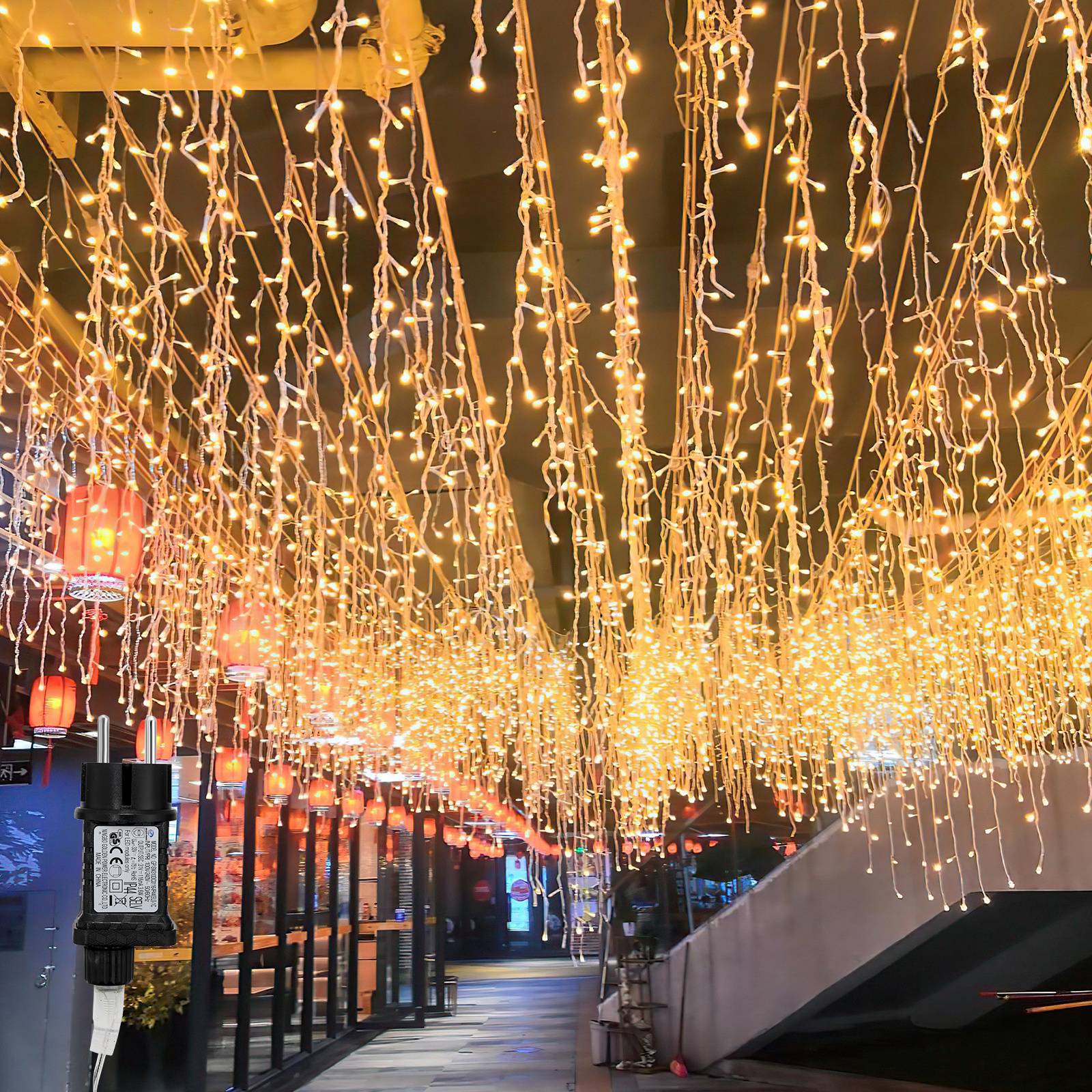 Lichterketten 200 LED Eisregen Warmweiß, 5 m breit, IP44, 8 Leuchtmodi, Memory, Weihnachtsbeleuchtung außen