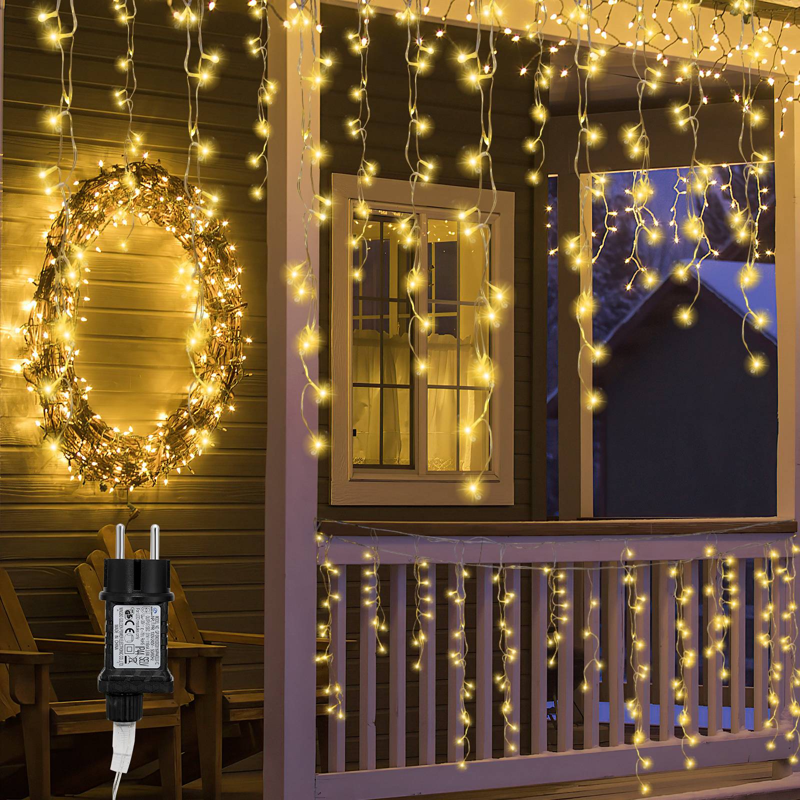 Lichterketten 400 LED Eisregen Warmweiß, 10 m breit, IP44, 8 Leuchtmodi, Memory, Weihnachtsbeleuchtung außen