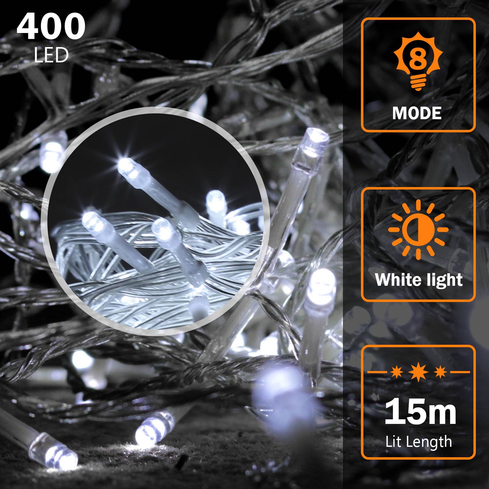 400 LED Weiße Lichterkette mit 8 Modi und 15 m Leuchtlänge auf der Verpackung angezeigt.