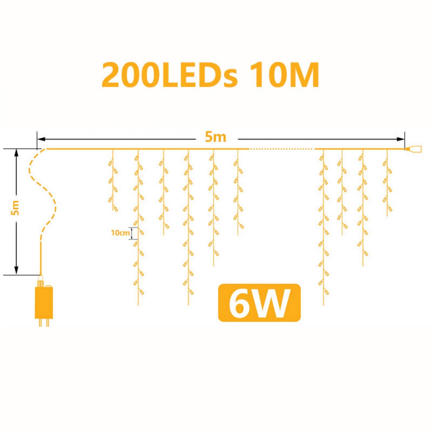 Lichterketten 200 LED Eisregen Warmweiß, 5 m breit, IP44, 8 Leuchtmodi, Memory, Weihnachtsbeleuchtung außen