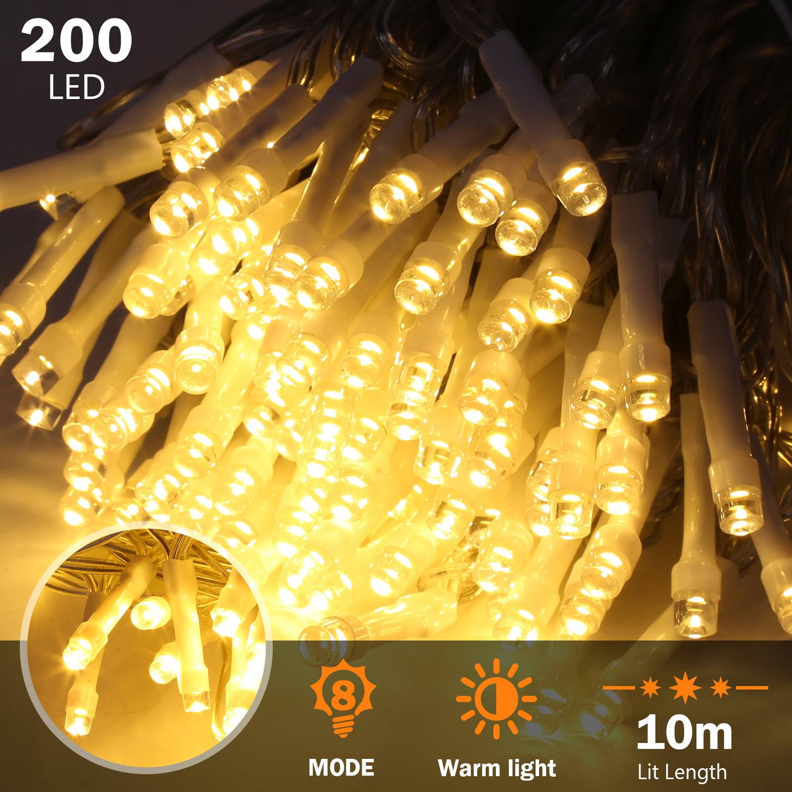 Lichterketten 200 LED Eisregen Warmweiß, 5 m breit, IP44, 8 Leuchtmodi, Memory, Weihnachtsbeleuchtung außen