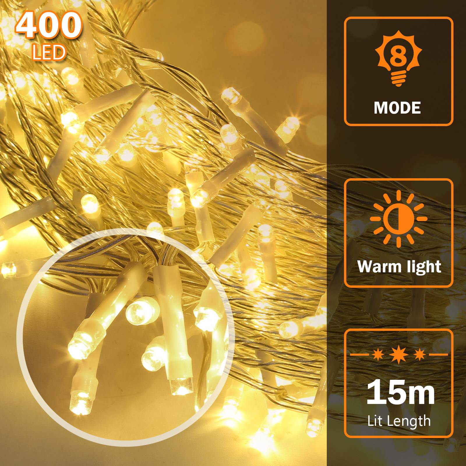 Lichterketten 400 LED Eisregen Warmweiß, 10 m breit, IP44, 8 Leuchtmodi, Memory, Weihnachtsbeleuchtung außen