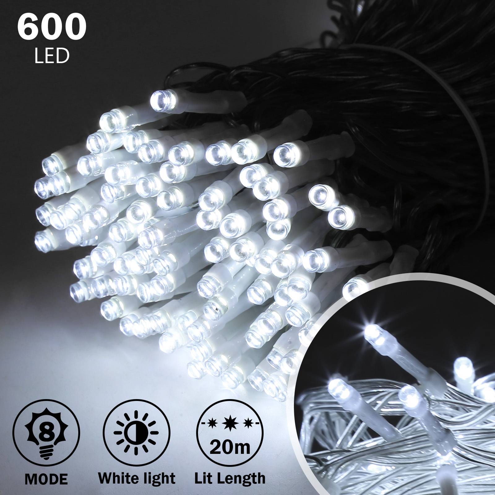 Bündel mit 600 weißen LED-Lichterketten, 20 m lang, mit Modus- und Weißlicht-Symbolen.