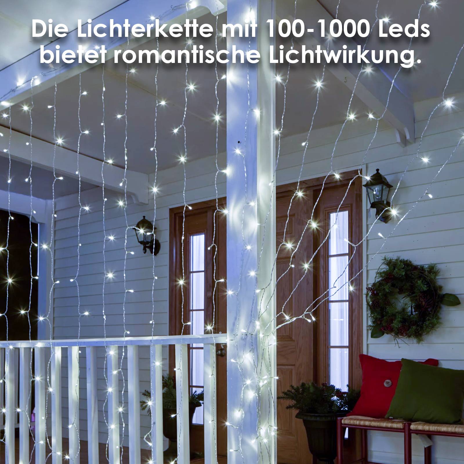 Veranda mit Lichterkette geschmückt; Text sagt „Die Lichterkette mit 100-1000 LEDs bietet romantische Lichtwirkung."