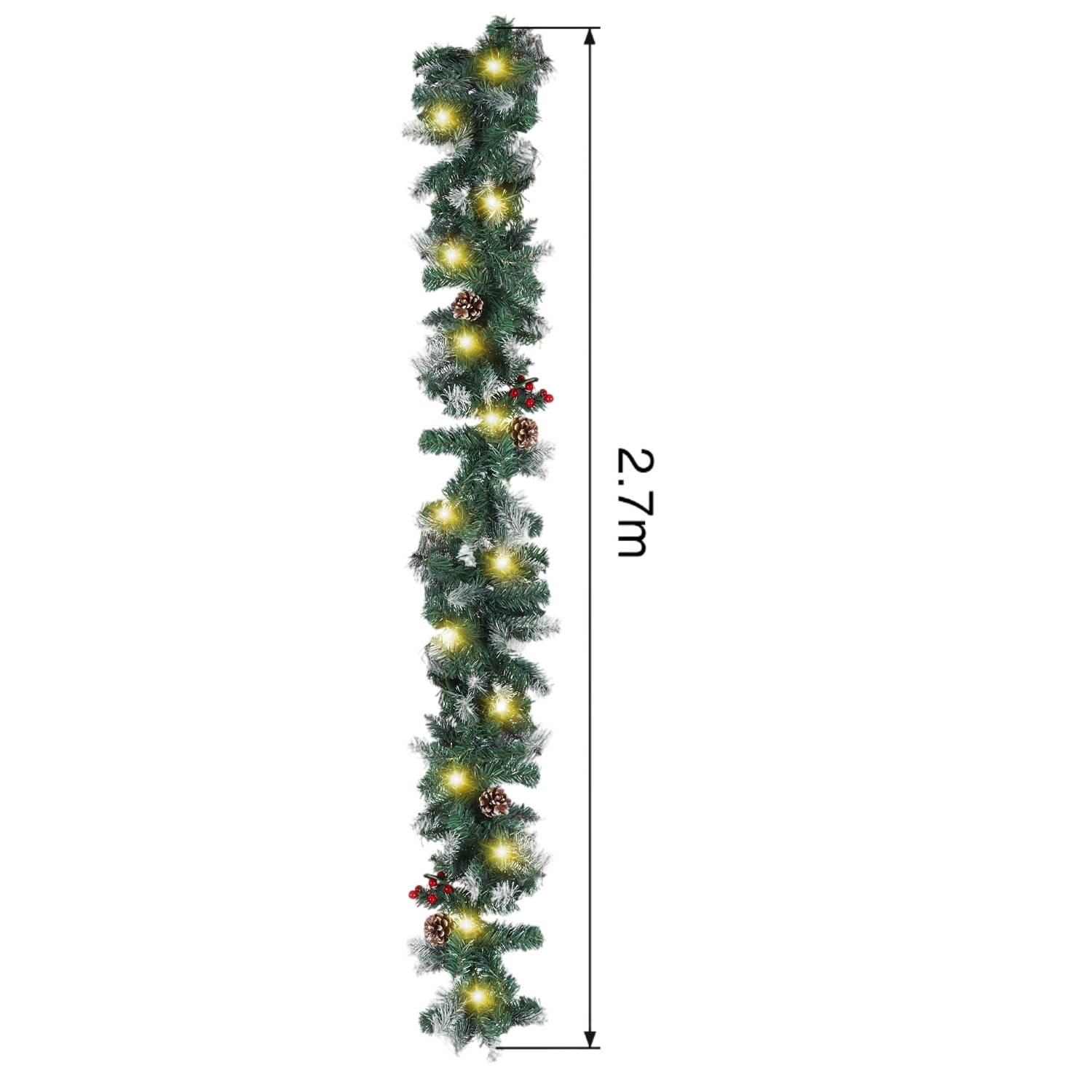 2,7 m vertikale Weihnachtsgirlande mit integrierten warmweißen Lichtern und roten Beerenakzenten