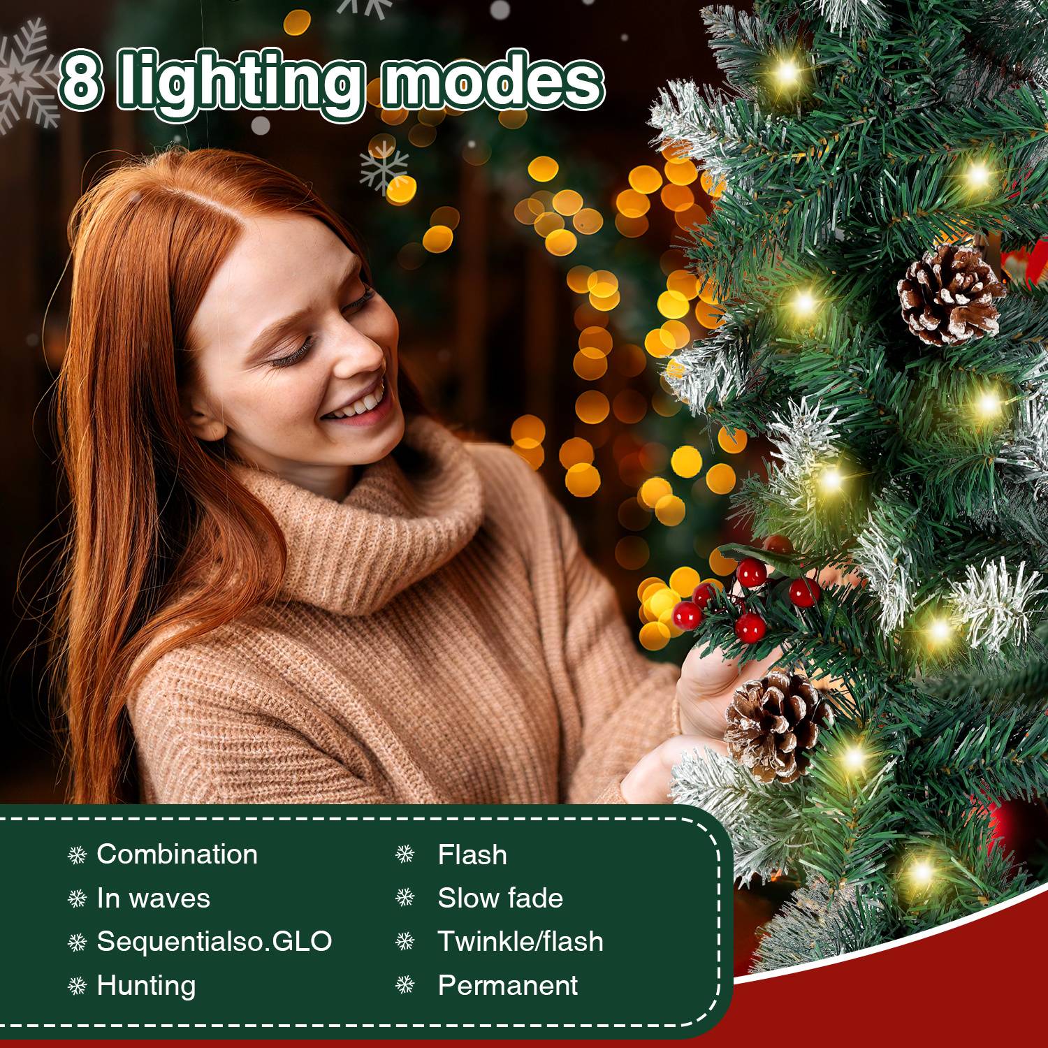 Frau, die einen beleuchteten Weihnachtsbaum schmückt; Bild bewirbt „8 Beleuchtungsmodi" einschließlich Kombination, Wellen, Sequenziell, Jagd, Blitz, Langsames Ausblenden, Flackern/Blitz und Dauerhaft.