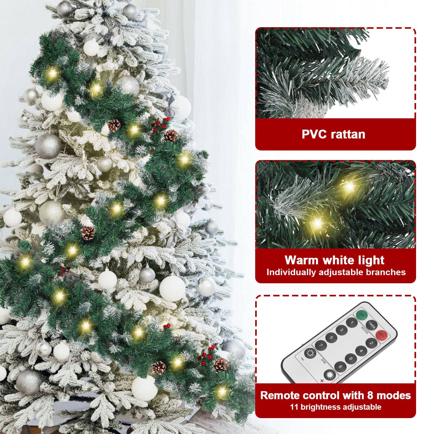 Dekorierter künstlicher Weihnachtsbaum mit schneebedeckten Ästen, warmweißen Lichtern und weißen Verzierungen; Einsatzpanele heben PVC-Rattan, verstellbare Lichter und Fernbedienung mit 8 Modi und 11 Helligkeitsstufen hervor.