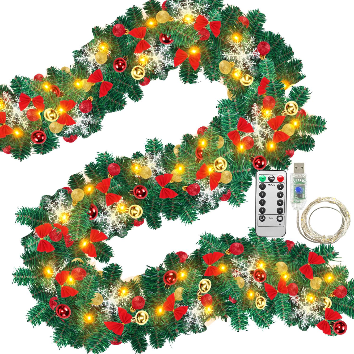 Dekorative künstliche Weihnachtsgirlande mit roten Schleifen, Ornamenten, warmen LED-Leuchten, Fernbedienung, USB-Kabel und spiralförmigem Draht