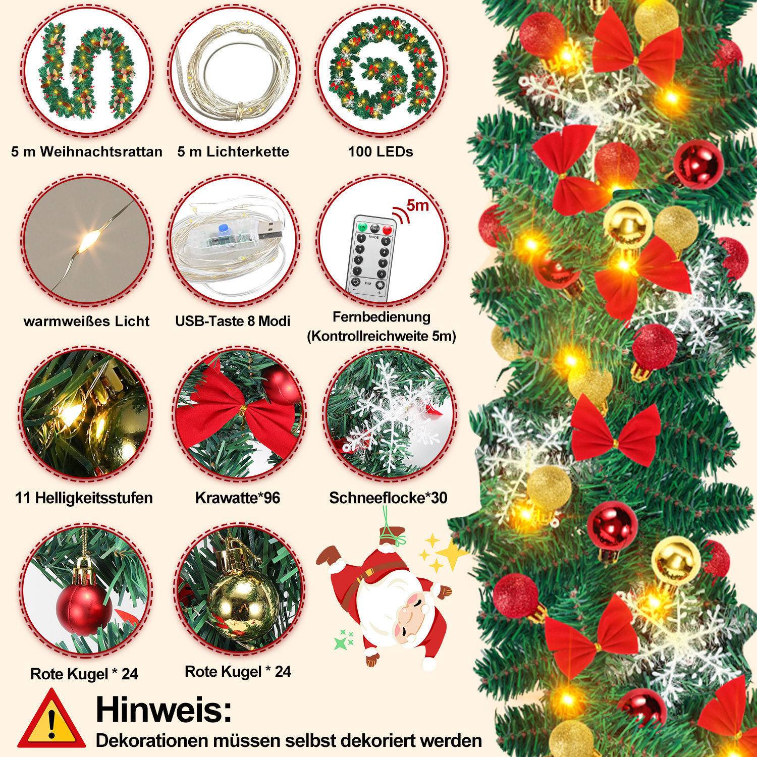 Werbebild eines Weihnachtslichter-Girlanden-Sets mit 5 m Kranzgirlande, 5 m Lichterkette, 100 LEDs, Fernbedienung, 8 Modi und Feiertagsdekorationen für einen Baum.