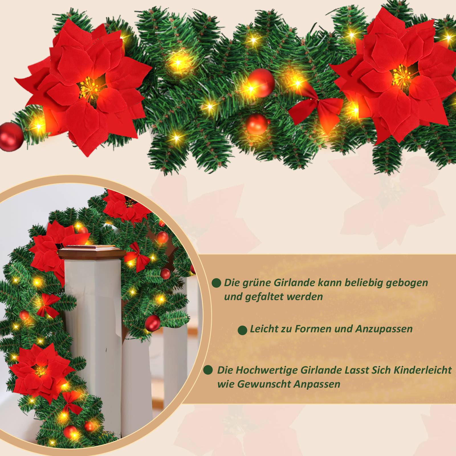 Dekorative Weihnachtsgirlande mit roten Weihnachtssternen und leuchtenden Lichtern um ein Treppengeländer gewickelt; der deutsche Text besagt, dass die Girlande gebogen, geformt und leicht angepasst werden kann.