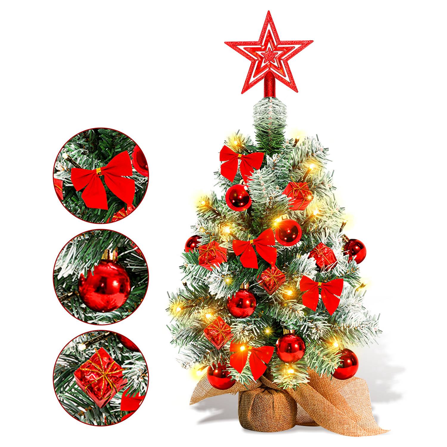 Geschmückter Weihnachtsbaum mit roten Schleifen, Schmuck, warmem Licht und einem Stern oben; eingesetzte Kreise zeigen Nahaufnahmen der Dekorationen.